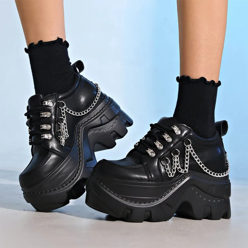 Gothic Punk Metall Kette Schuhe für Frauen Chunky Plattform Höhe-Zunehmende Schuhe Frau Y2K Dicken Boden Lace Up Lolita Schuhe