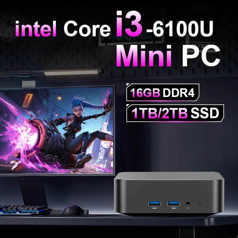 Mini PC Intel Core i3 6100U, Windows 11 Pro, 16 Go de RAM, 1 To/2 To SSD, ordinateur de jeu 4K, WiFi 6, BT 5.2, mini PC de bureau portable pour le bureau