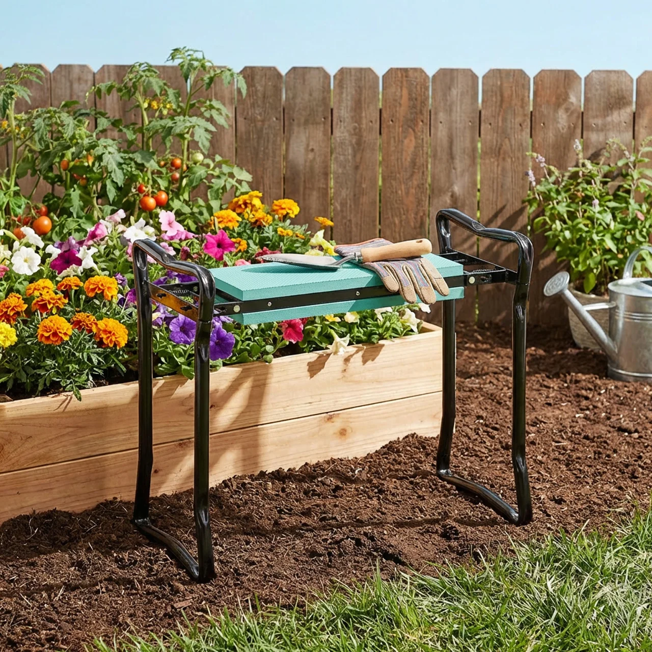 Tabouret pliant pour jardinage, tabouret de jardinage avec sac à outils, coussin moelleux, tabouret à genoux, capacité de charge 150 kg, tabouret de travail, tabouret de jardinage (pour s'agenouiller