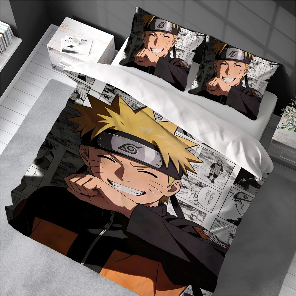 Anime N-NARUTOES Bettwäsche-Set im Wohnstil, Weiche Baumwoll-Bettwäsche, 3-teiliges Set, Geschenk für Studentenwohnheime Image