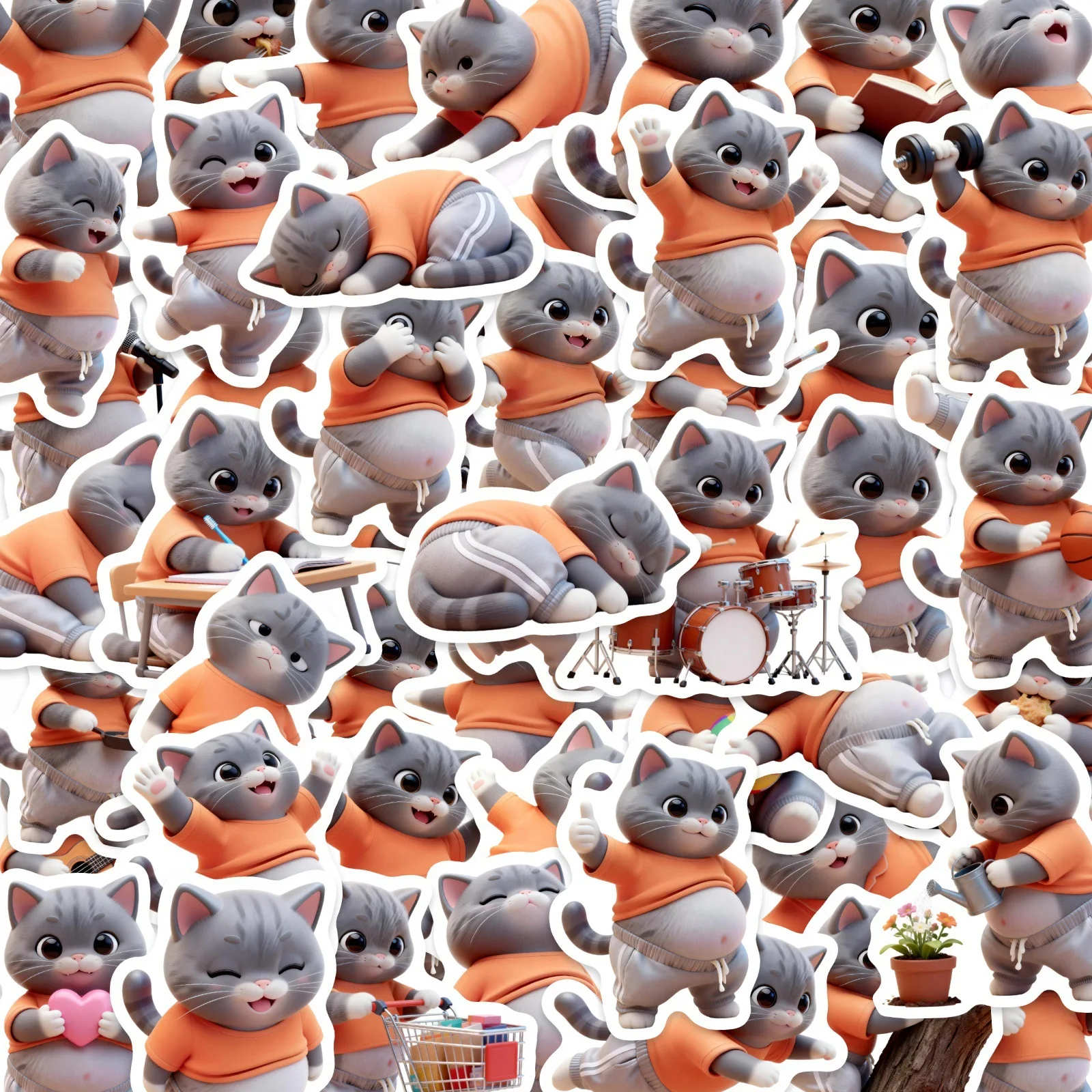 50 Stück niedliche graue Katzenaufkleber, 3D-Cartoon-Katzenaufkleber, wasserfeste Vinyl-Aufkleber für Laptop, Gepäck, Scrapbooking, DIY-Bastelarbeiten Image