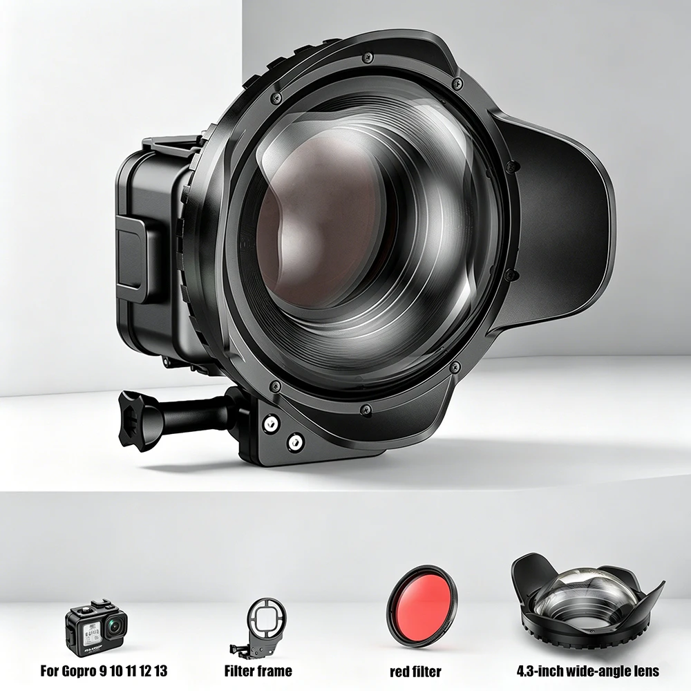 Seafrogs 60 m wasserdichtes Gehäuse aus Aluminiumlegierung + roter Filter + 4,3-Zoll-Weitwinkelobjektiv + 67-mm-Filterrahmen, 4-teiliges Set für Gopro 9 10 11 12 13 Image