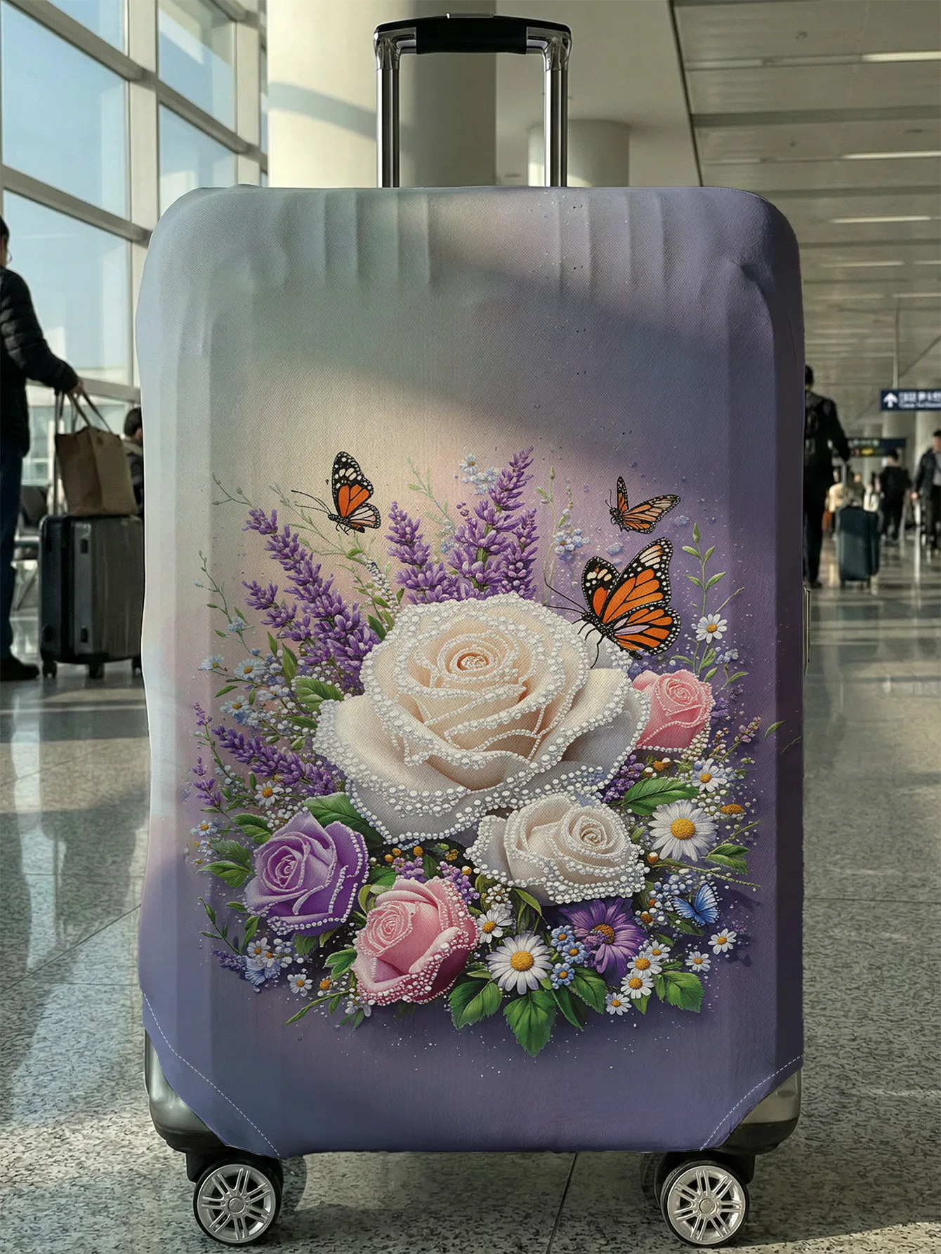 Lila getönte Gepäckabdeckung mit Rosen- und Schmetterlingsdruck, geeignet für 18-32 Zoll große Gepäckabdeckungen, Gepäckgriffhandschuhe, Reisezubehör