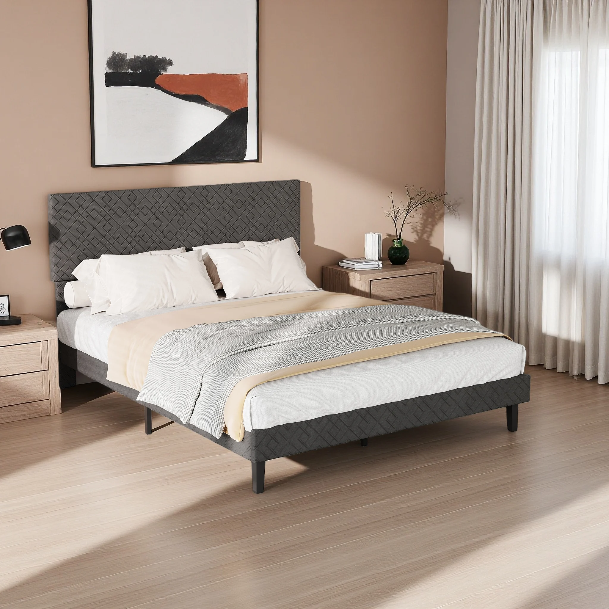 Comanlai 140/160×200 cm modernes minimalistisches Bett, gepolstertes Bett, Doppelbett, Erwachsenenbett, Schlafzimmermöbel, Bett aus Leinenstoff, Grau