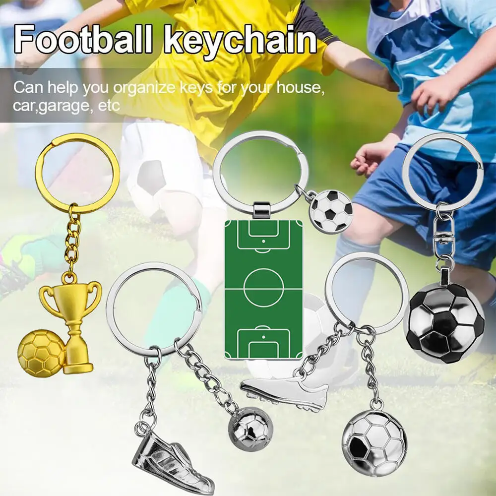 Fußball-Themen Metall-Schlüsselanhänger-Set, Fußball-Trophäe, Schuh, Ball & Spielfeld Anhänger Schlüsselring für Sportfans Image