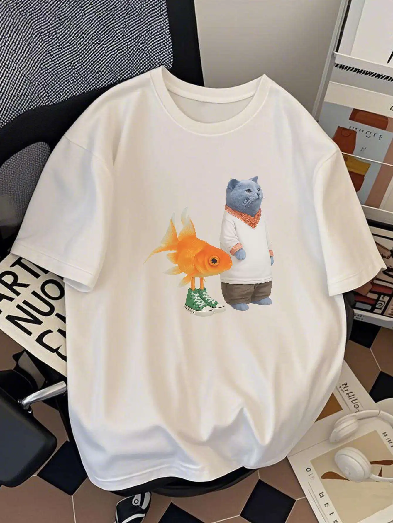 Lustiges, niedliches T-Shirt mit Katzen- und Goldfisch-Print für Männer und Frauen, lässiges, kurzärmliges, übergroßes T-Shirt, Sommer-Streetwear Image