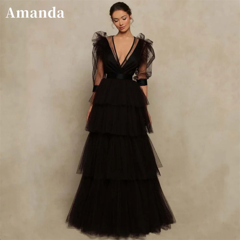 Amanda Black Multilaye Evening Dress Sexy Puffy Sleeve Prom Dress Customized Sexy A-line Party Dress Pleats فساتين مناسبة رسمية