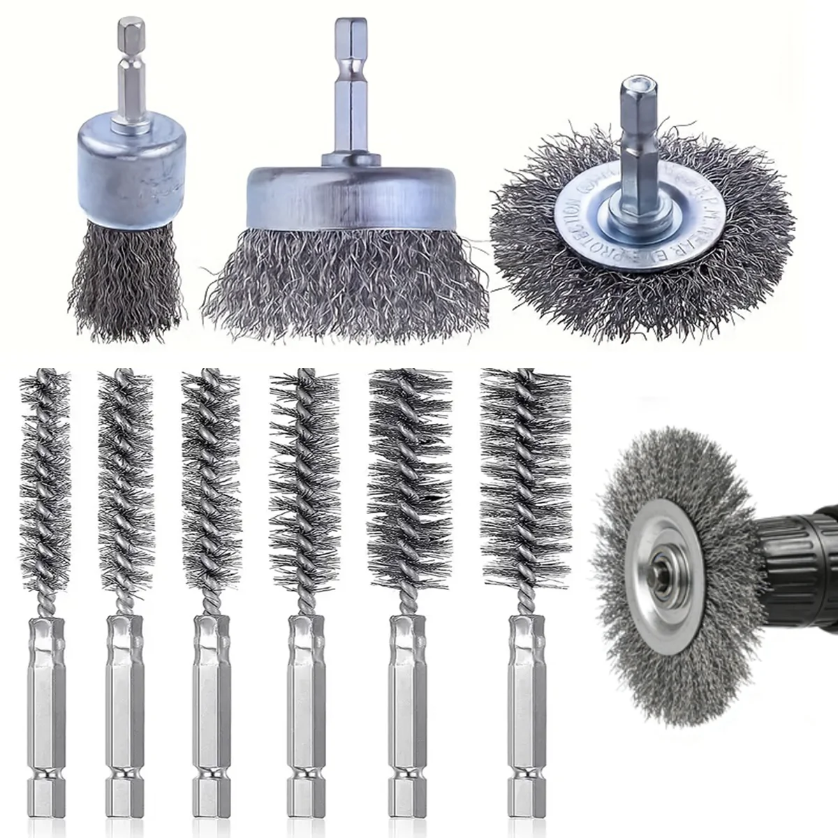 11-teiliges Drahtbürsten- und Drahtrad-Set, Drahtbürste für elektrische Bohrmaschinen, zum Entfernen von Rost, Farbe und zum Polieren. Image