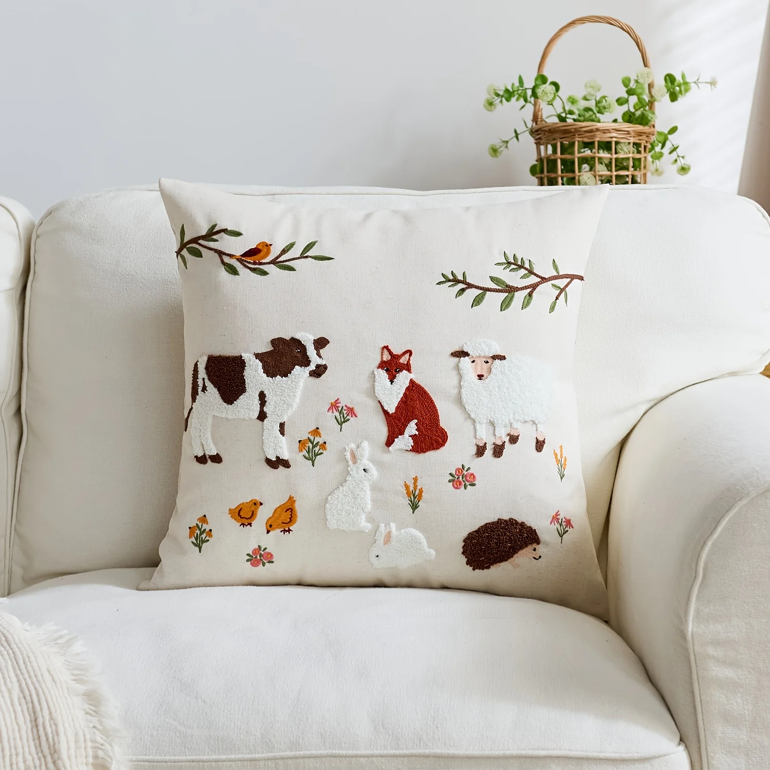 Doppelseitiger Kissenbezug mit Bauernhoftieren, niedlicher Kuh-, Fuchs- und Schaf-Print, dekorativer Kissenbezug für Sofa, Couch, Heimdekoration Image