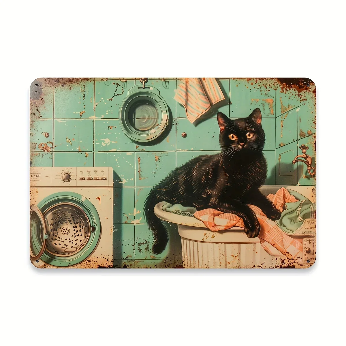 1 Stück Retro-Metallschild mit Katzenmuster, geeignet für Waschküche, Vintage-Wandkunst, anwendbar für Zuhause, Büro, Schlafzimmer Image