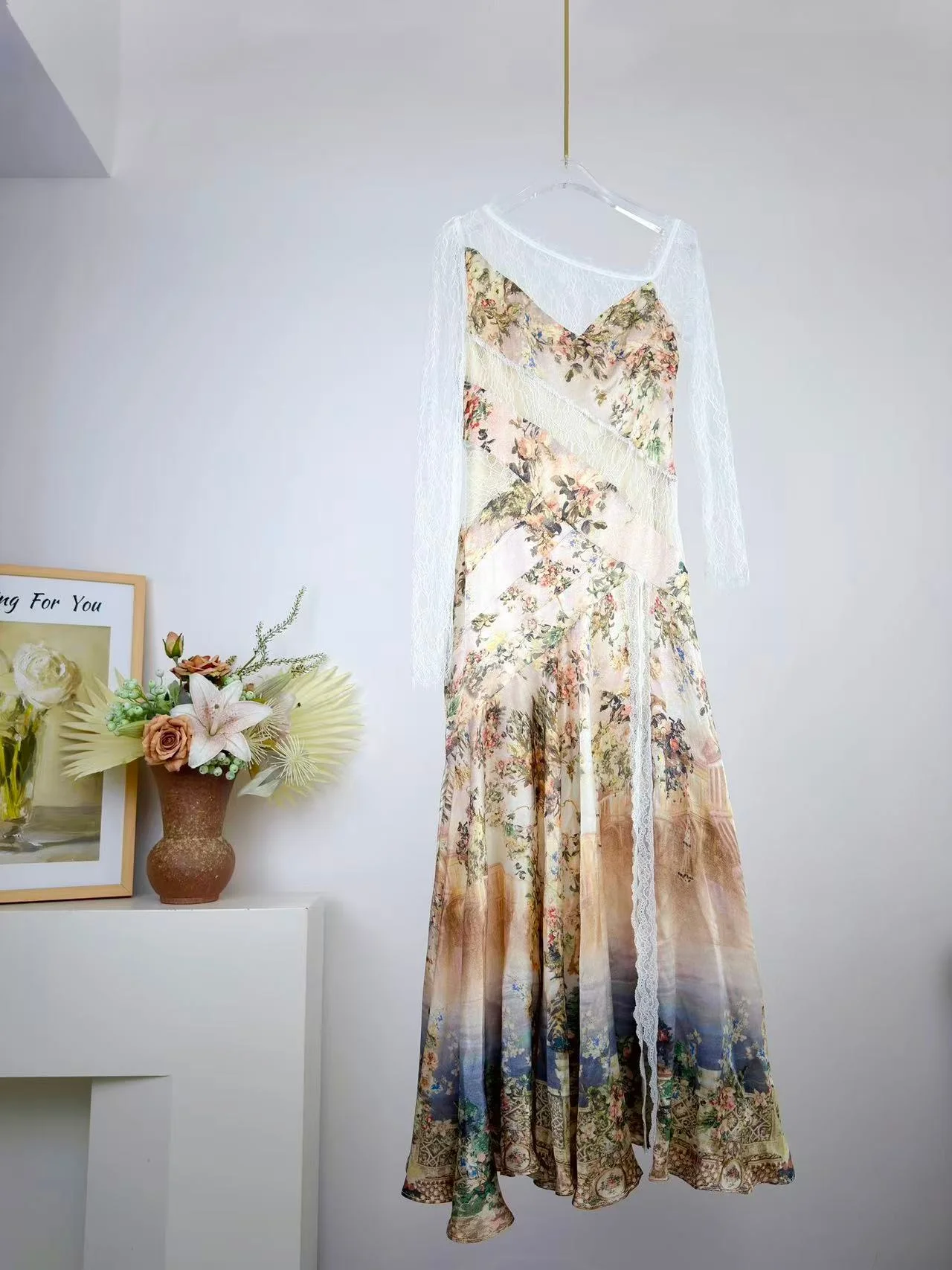 Diagonaler Kragen Damen Seiden-Maxikleid Blumendruck Spitzenbesatz Langarm Hohe Taille Elegante Damenrobe Image