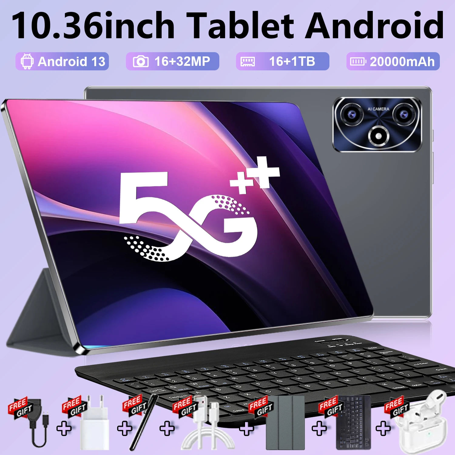 Tablet Android 5G Versione Globale Nuovo Schermo 4K HD da 10.36 Pollici 20000mAh 16GB+1TB 14 Core Dual SIM 16MP+32MP Fotocamera WiFi Android 13.0 GPS WPS Office Chiamate Telefoniche Type-C Tablet PC