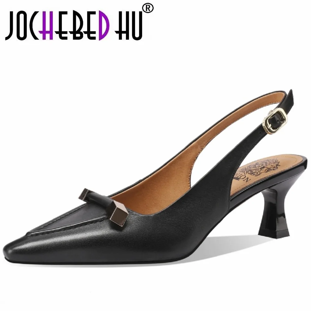【JOCHEBED HU】Sommer Marke Echtes Leder Mid Heels Frauen Sandalen Mode Slingback Pumps Büro Dame Schuhe 33-43