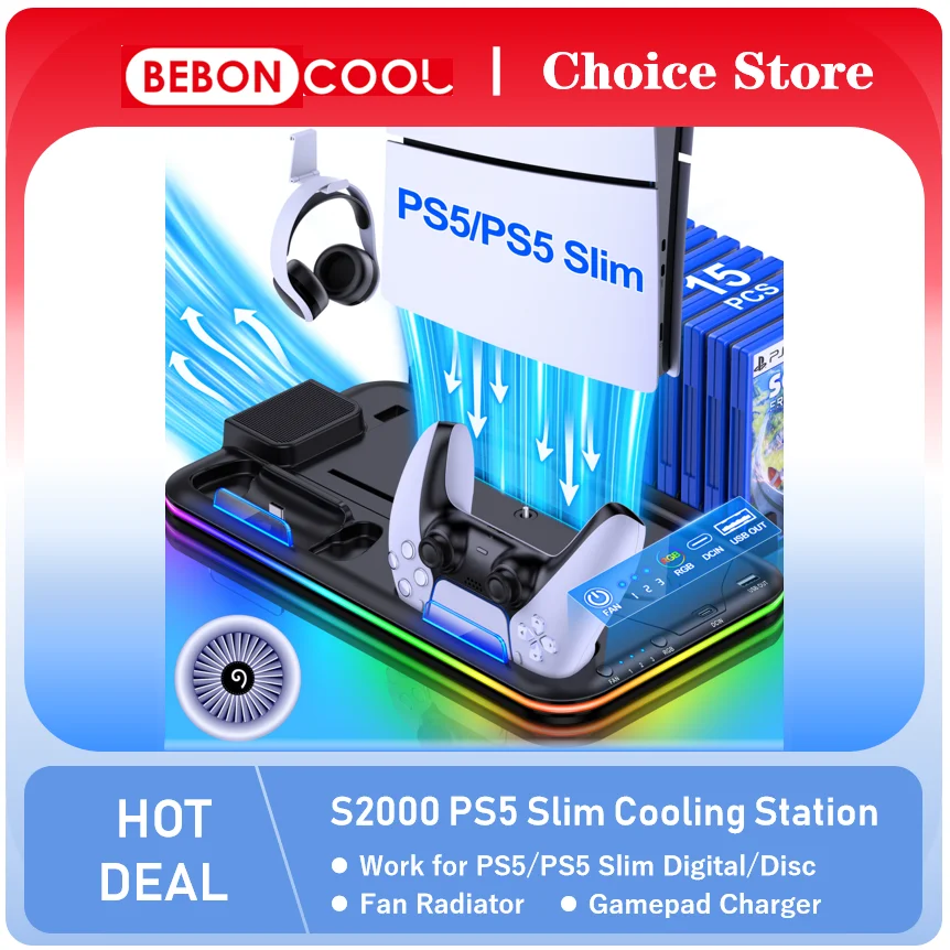 BEBONCOOL S2000 RGB Vertical Stand For NEW PlayStation 5 Slim/PlayStation 5 Cooling Station Notebook-Grade Cooler PS5 Charger