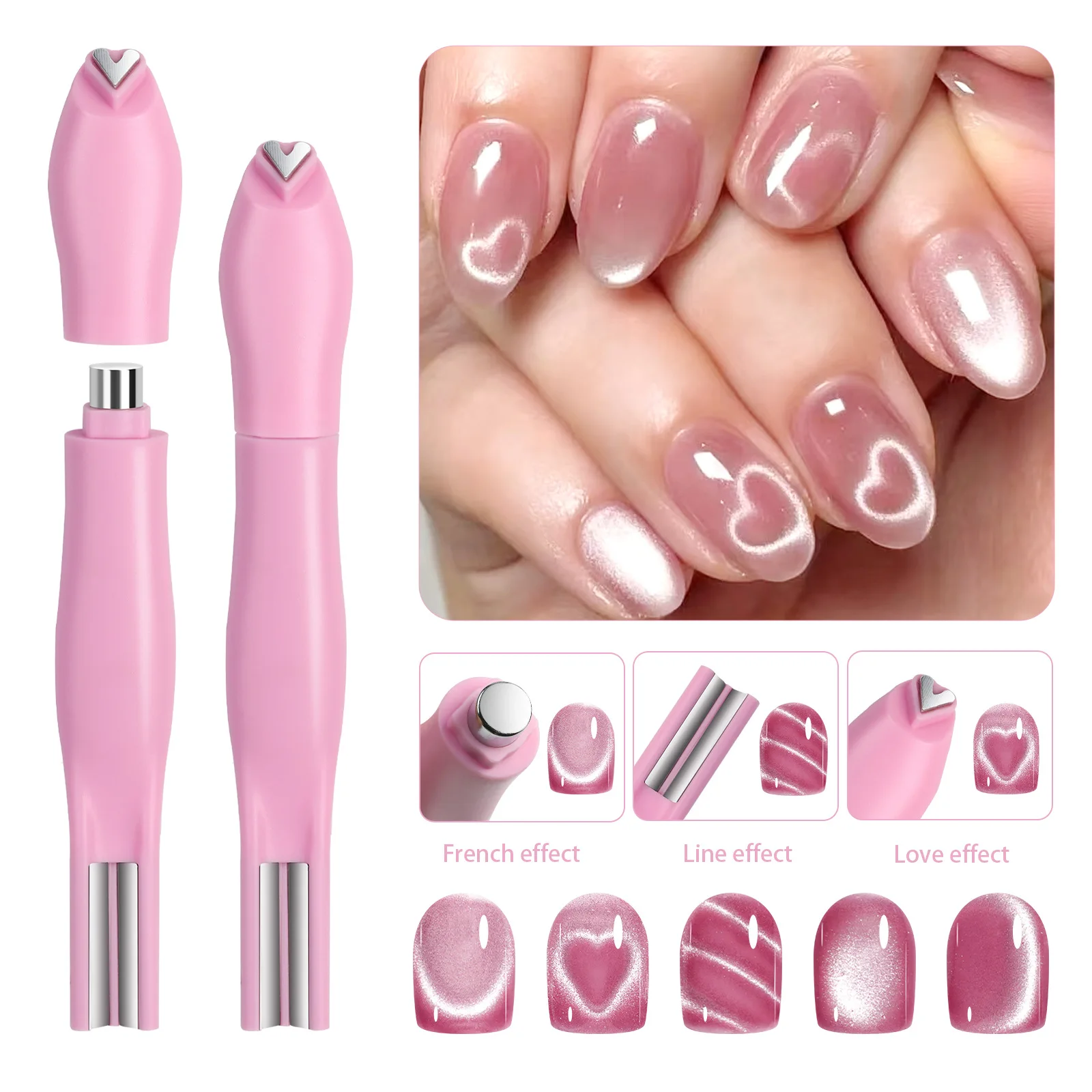 3-in-1 Herzförmiger Katzenaugen-Nagelkunst-Magnet Doppellinien-Mond-Schlange Französischer Magnetstift für Magnetisches Gel-Nagellack Maniküre-Werkzeuge Image