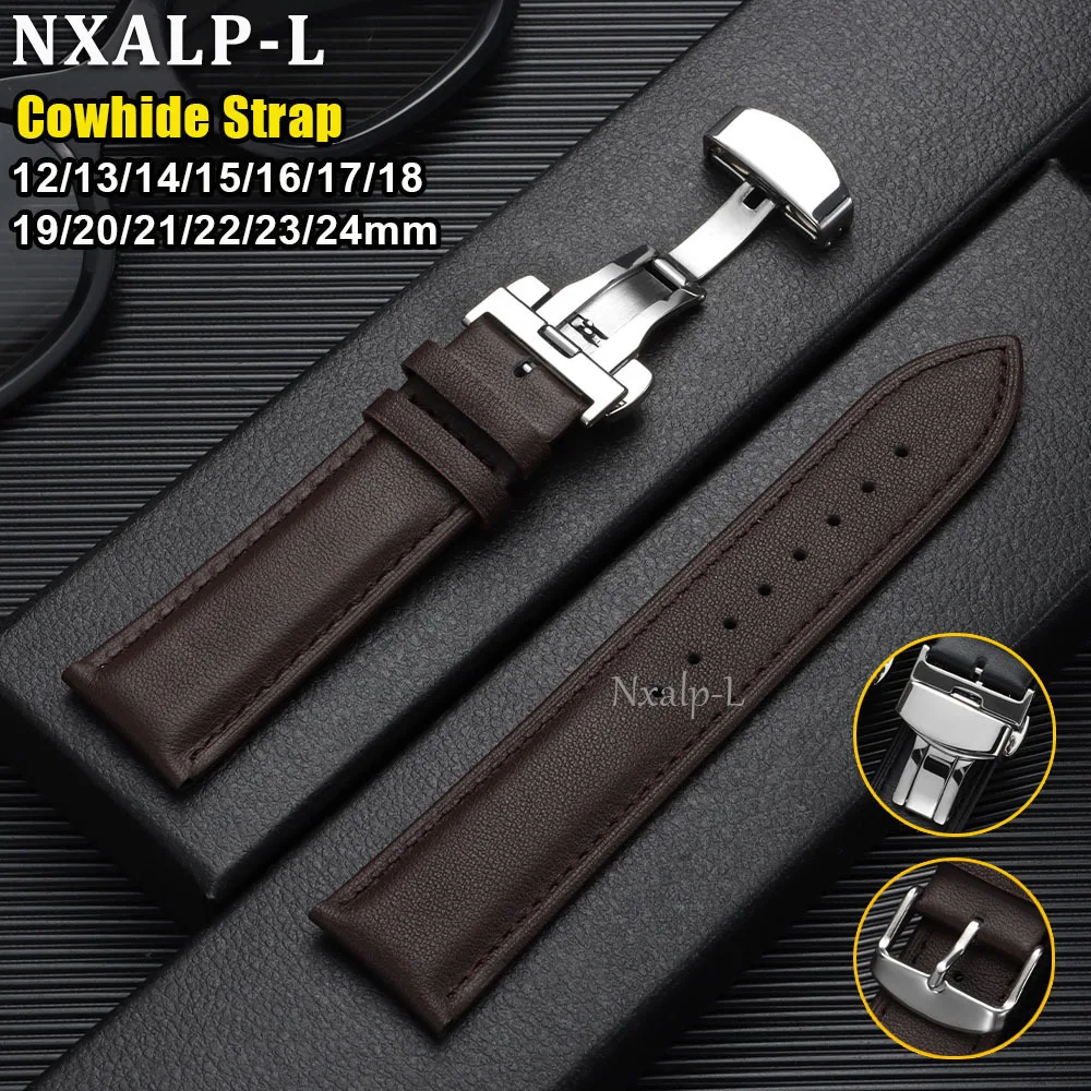 Rindsleder-Uhrenarmband, 12/13/14/15/16/17/18/19/20/21/22/23/24 mm, alle Größen, Uhrenarmband mit Schmetterlingsschnalle, Armband für Herren und Damen, Zubehör