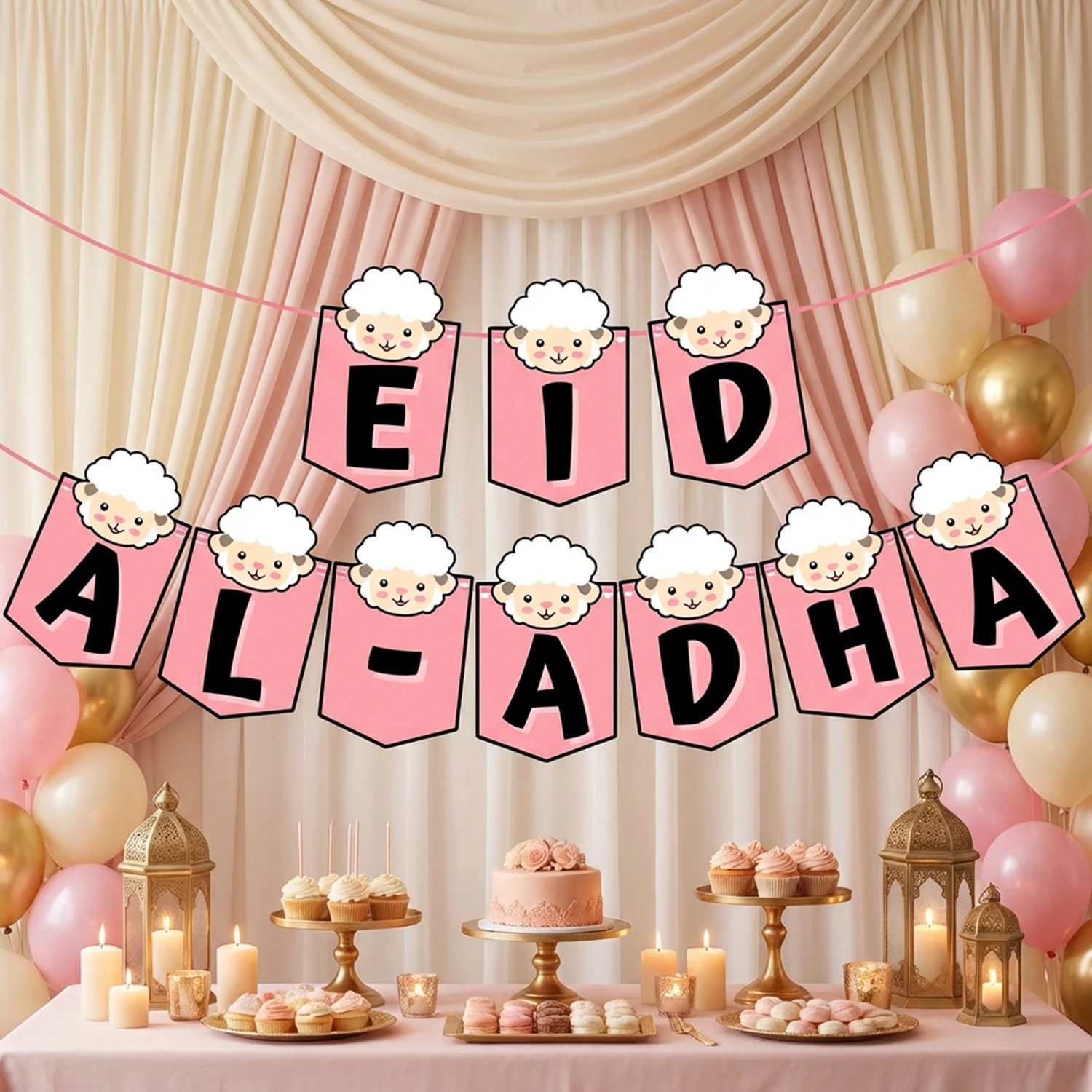Rosa Schaf Eid Al Adha Gedenk-Banner Mubarak Dekorationen Ramadan Hängende Banner für Festliche Partydekoration Image