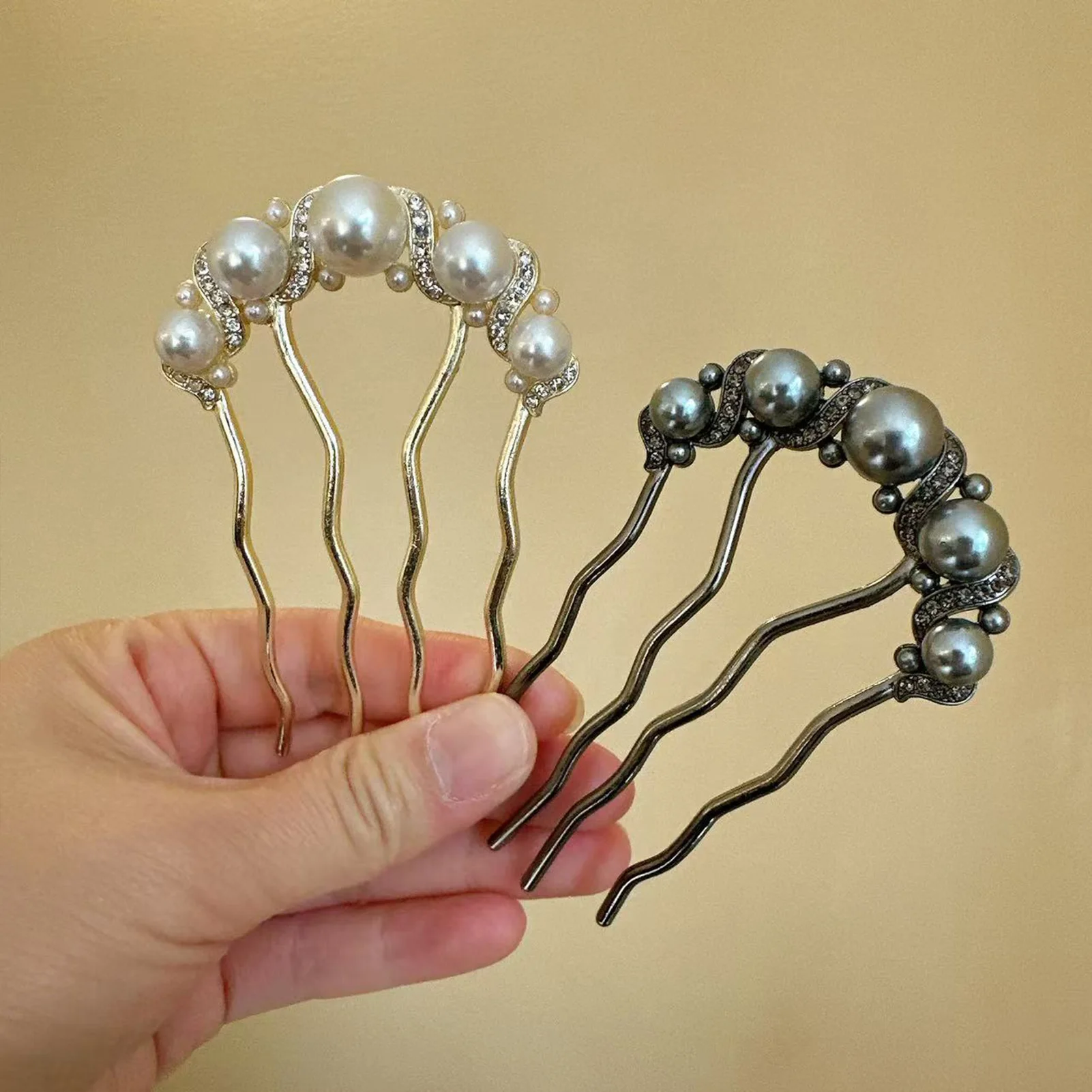 Chinesischer Haarkamm im antiken Stil mit exquisiten Perlen und Strass, U-förmig, für Damen, elegant, temperamentvoll, für den Alltag, Metall-Haarspange Image