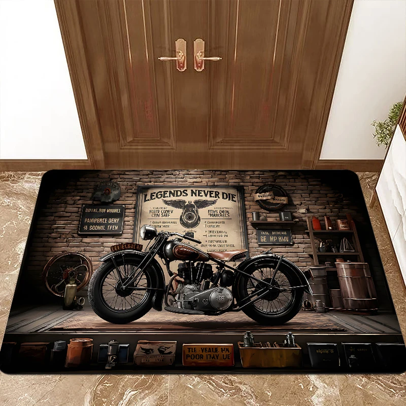 VIKAMA Vintage Motorrad-Garagen-Teppich, Rutschfester Waschbarer Biker-Teppich, "Legends Never Die" Klassischer Motorrad-Druck Bodenmatte für den Eingangsbereich Image