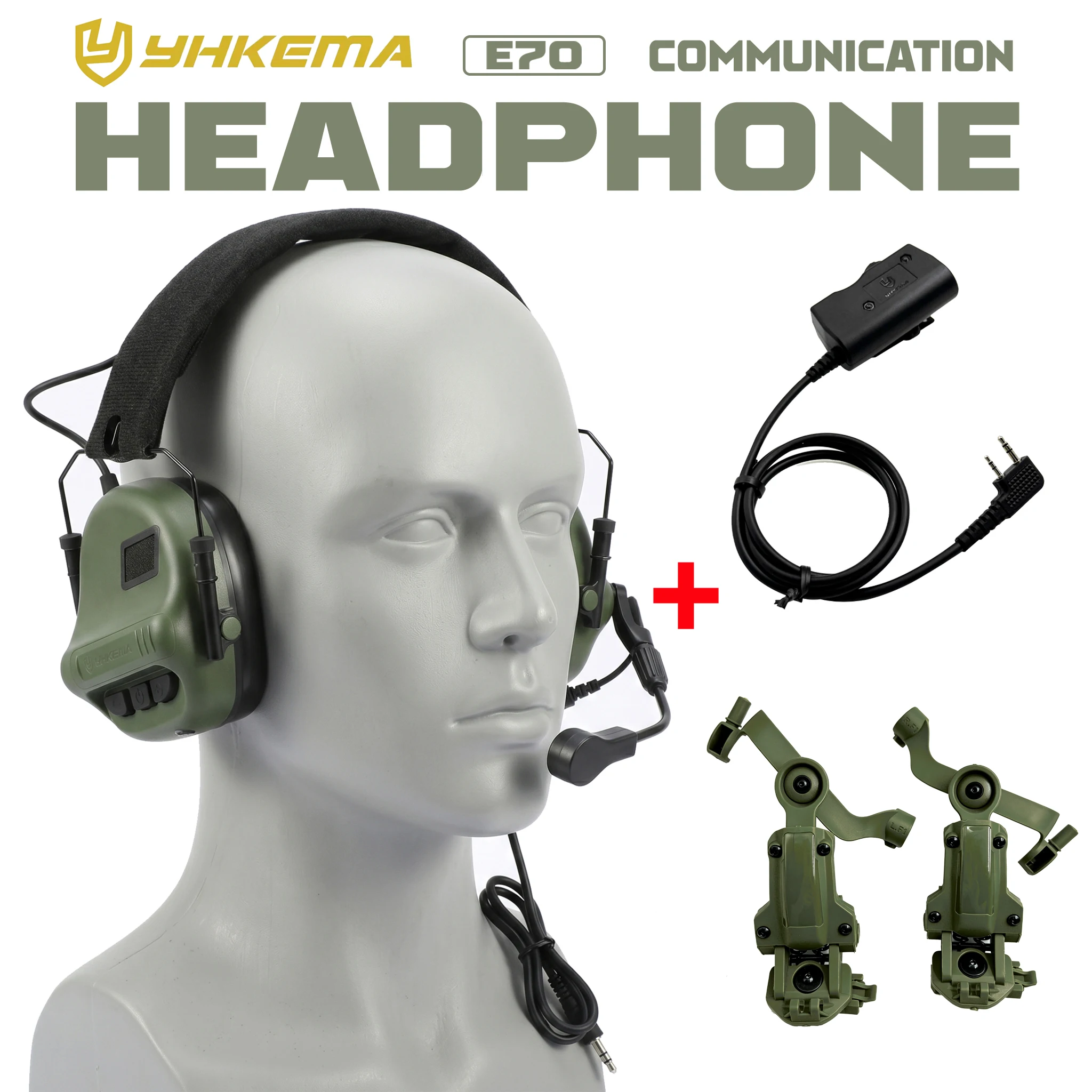 YHKEMA E70 Elektronisches Geräuschunterdrückendes Taktisches Headset mit ARC-Schienen-Helmhalterung & PTT-Kabel, Schießgehörschutz für die Jagd Image