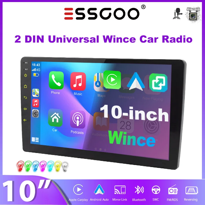 ESSGOO 10-Zoll IPS Touchscreen Autoradio mit Wireless Carplay, Android Auto, AM/FM/RDS, USB, AUX, SWC, BT, Sieben Farben Beleuchtung und Mirror Link Image
