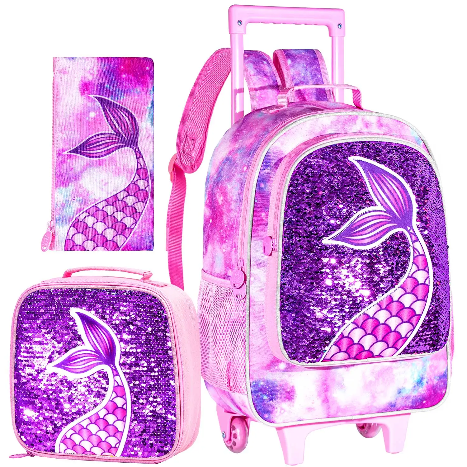 Sac à dos à roulettes pour filles, cartable à roulettes pour enfants - Valise à roulettes pour l'école primaire - Sac d'école à paillettes - 3 pièces Sirène