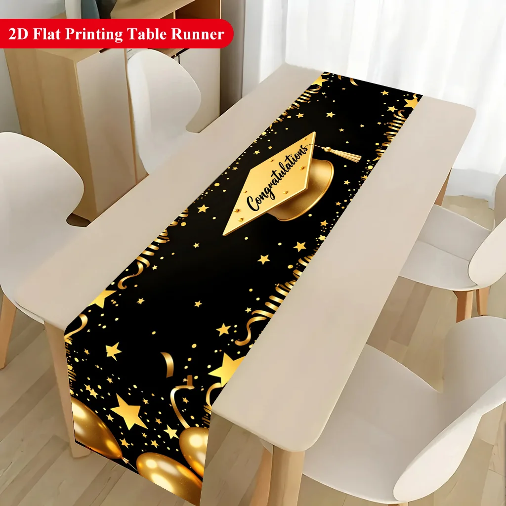 2D-Tischbanner, 1 Stück, Leinen-Tischdecke mit Goldballon und Abschlusskappe-Design für Party, Feiertage, Tischdekoration, leicht zu reinigen Image
