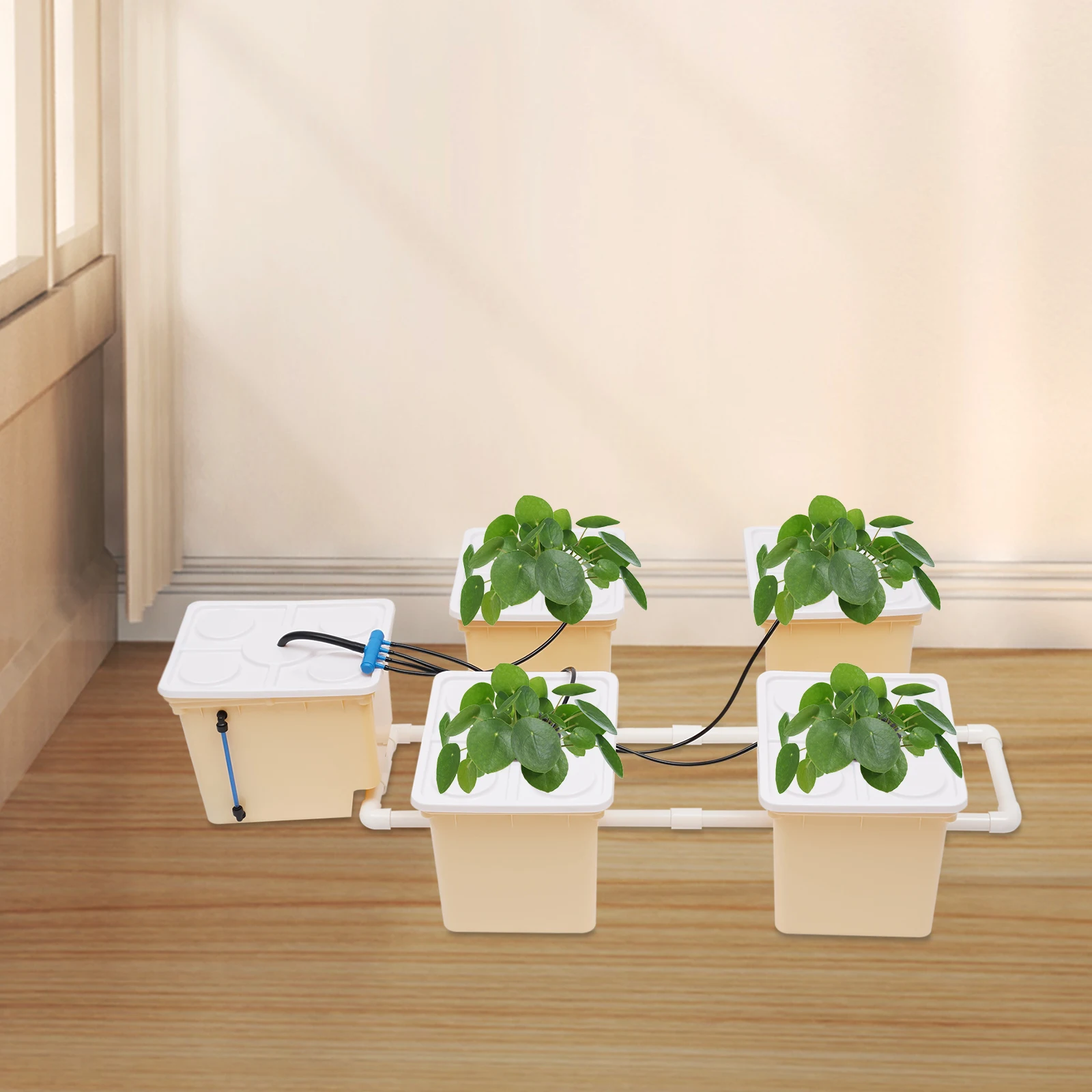 4-Sites-DWC-Hydroponik-Anbausystem mit 4W-Pumpe und 5 Eimern für den Anbau von Kräutern, Gemüse und Blumen im Innenbereich Image
