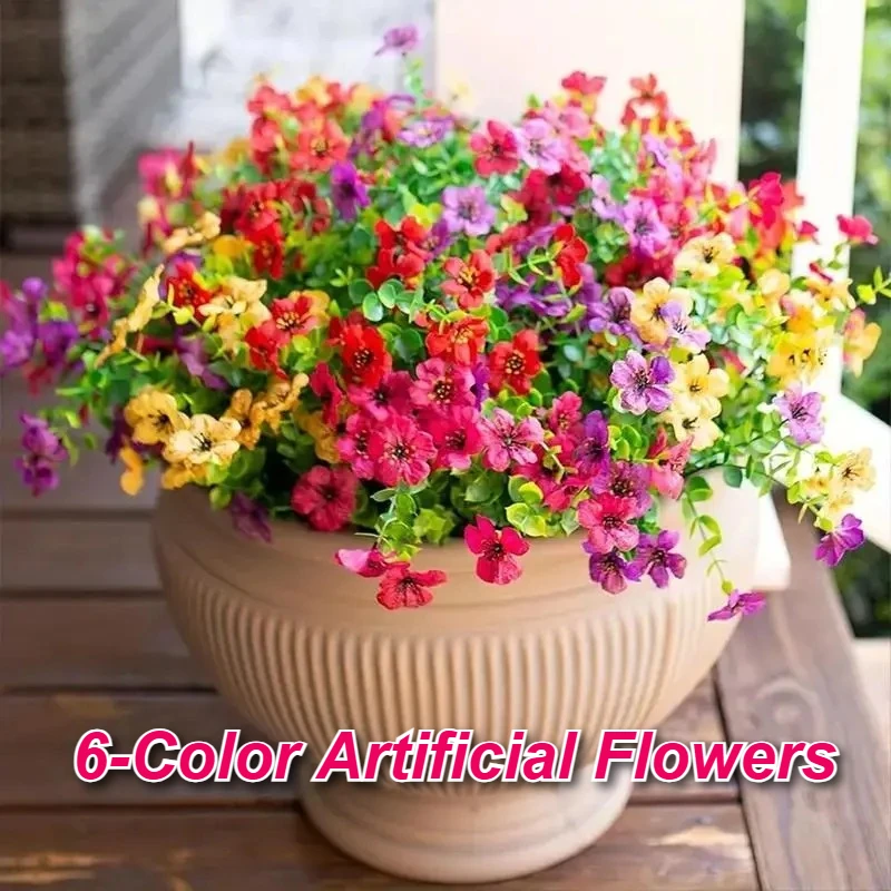 6-farbige künstliche Blumen für den Innen- und Außenbereich, UV-beständig, bunter Kunstblumenstrauß für Zuhause, Garten, Party, Hochzeit Image