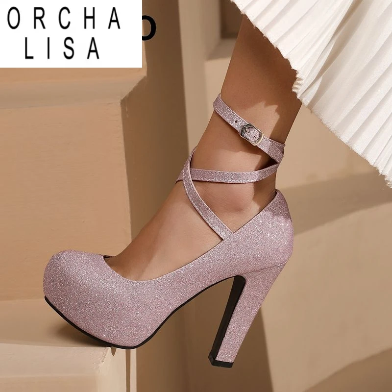 ORCHA LISA 2025 Sexy Damen-Pumps, runde Zehen, Blockabsätze, 11,5 cm Plattform, 3,5 cm Schnallenriemen, glitzernde Hochzeits-Party-Schuhe, 47 48 49 50