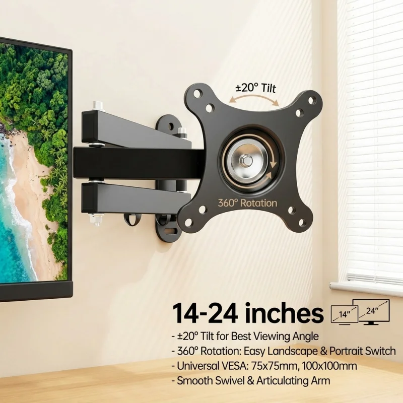 Universelle 14-24 Zoll TV-Wandhalterung 360 Grad Drehbarer Computermonitor-Ständer 20 Grad Neigbarer Flachbildschirm-Halter Image