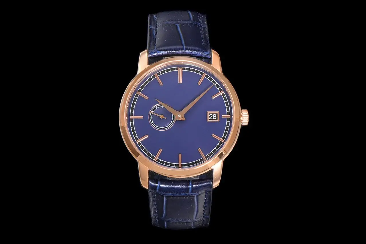 Neue modische Parnis 43mm Automatikuhr mit blauem Zifferblatt, Gangreserve, mechanische Herrenuhr mit schwarzem Lederarmband, Geschenk Image