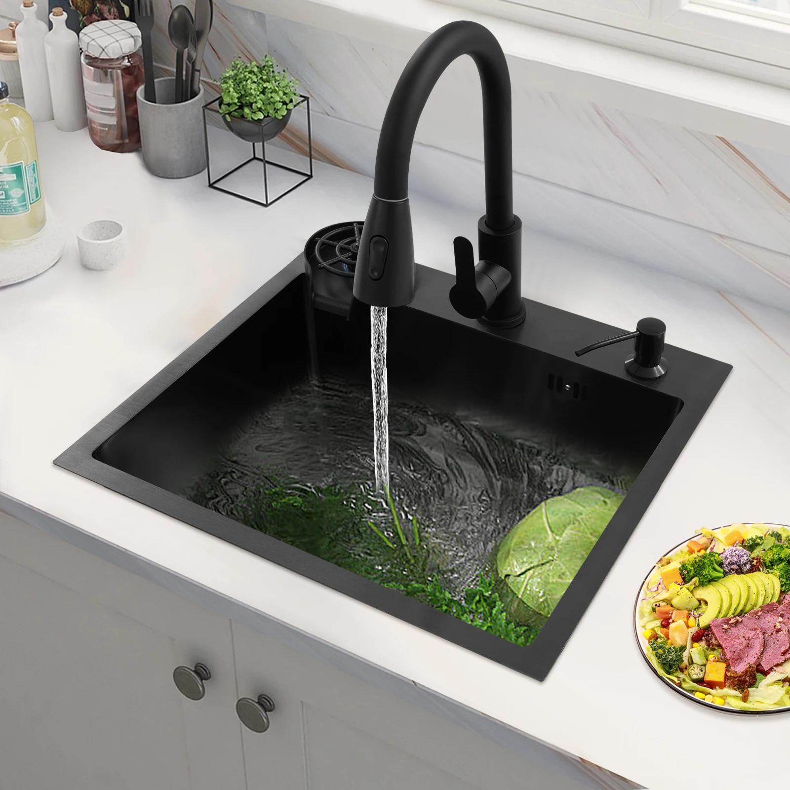 Ensemble de robinets de traction noirs 50x45, évier de cuisine avec robinet extractible, évier de cuisine multifonctionnel pour cuisines, Restaurants, Etc.