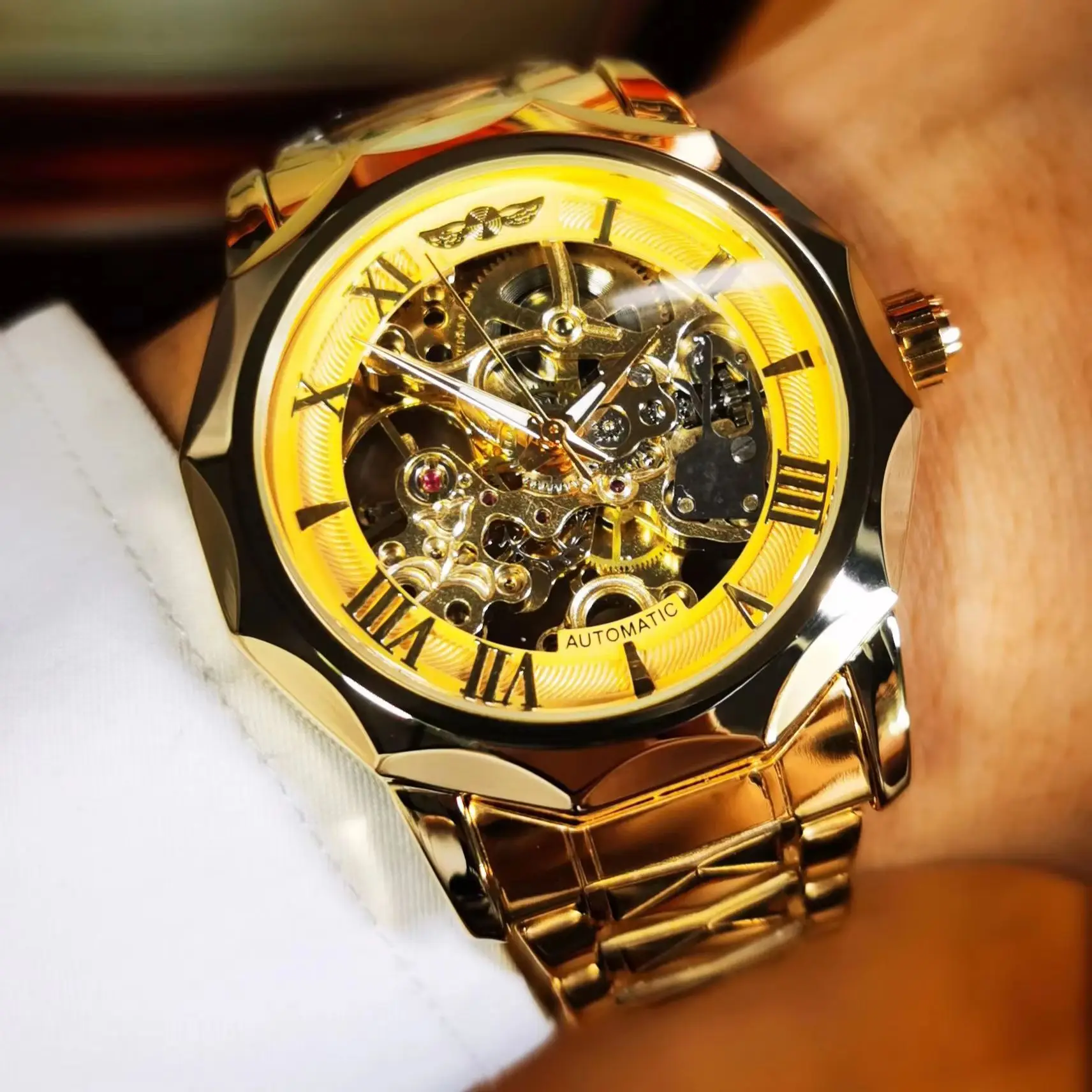 WINNER Vintage Gold Skelett Herrenuhren Top-Marke Luxus Unregelmäßige Automatische Mechanische Uhr Edelstahlarmband Leuchtend Image