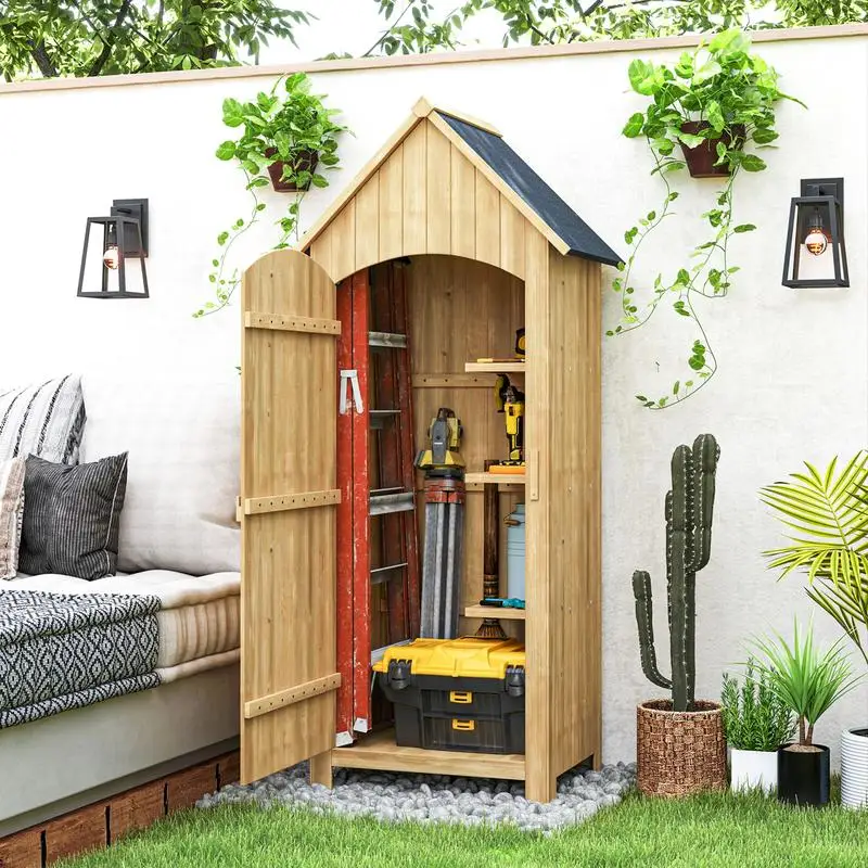 Abri de jardin en bois, cabane de jardin extérieure, armoire de jardin avec toit bitumé, 3 étagères, porte avec loquet, rangement