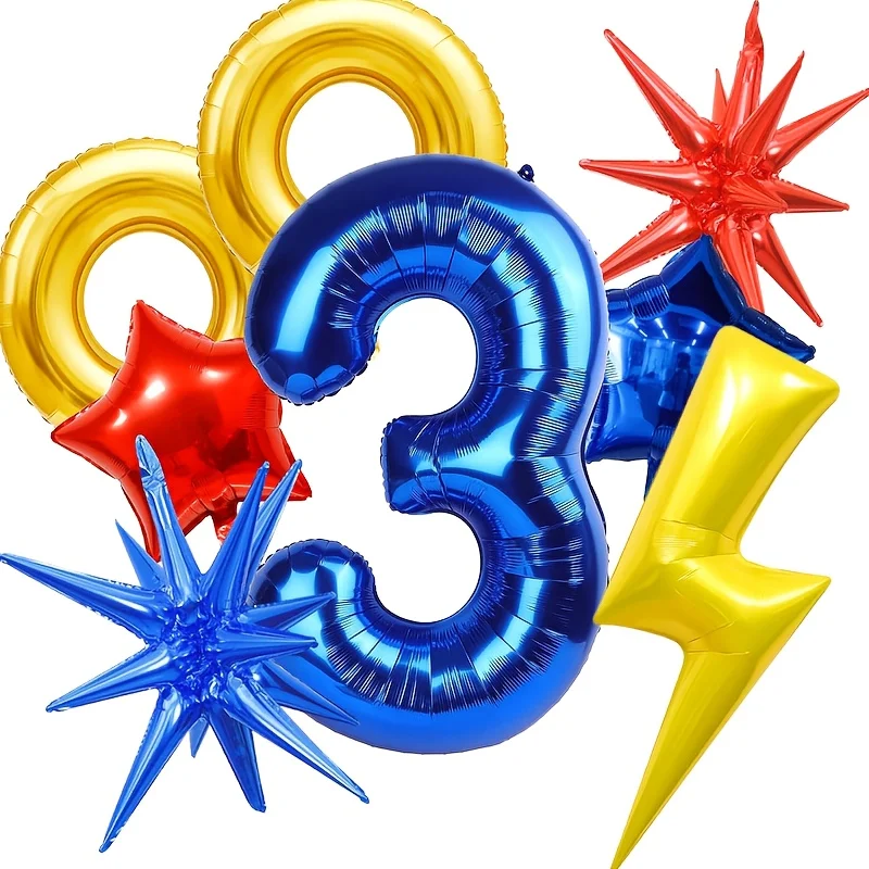 8-teiliges Ballon-Set in Rot, Blau, Gelb, 32 Zoll große blaue 0-9-Ballons, Goldring-Ballons, Blitz- und Stern-Ballons, Geburtstagsparty-Dekoration