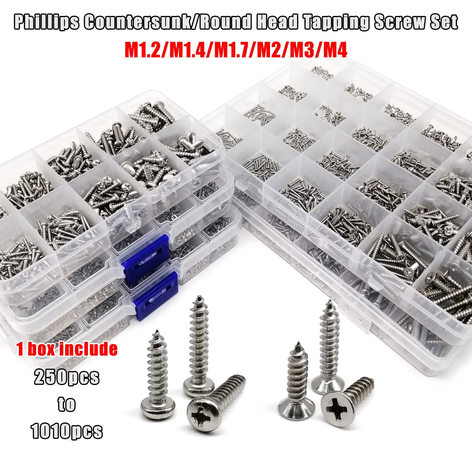 1 Set Gemischte Größen M1.2 M1.4 M1.7 M2 M3 M4 Phillips Senkkopf Rundkopf Holz-Blechschrauben Set aus 304 Edelstahl Image