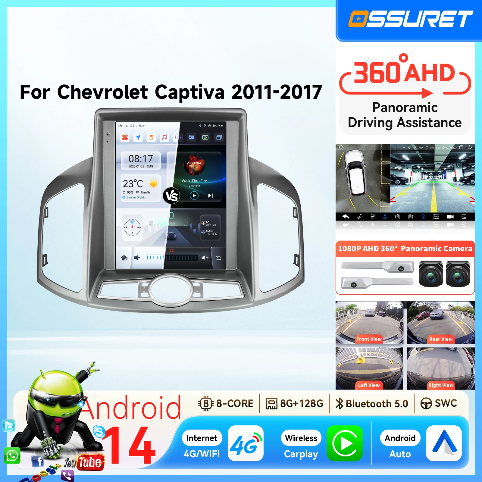 Autoradio 9.7" Stile Tesla con Carplay Android 14 per Chevrolet Captiva 2011-2017, Lettore Multimediale 2din, Telecamera 360, GPS, Stereo 7862, Autoradio Intelligente
