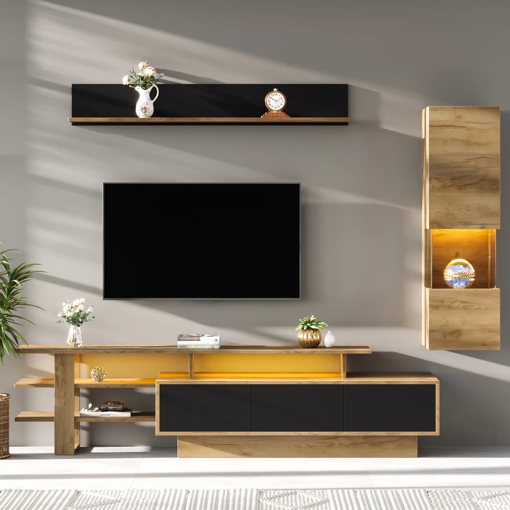Modernes 3-teiliges LED-Wohnzimmer-TV-Wandmöbel-Set, Entertainment-Center mit TV-Ständer, Vitrine & Schweberegal, passend für 80-Zoll-Fernseher Image