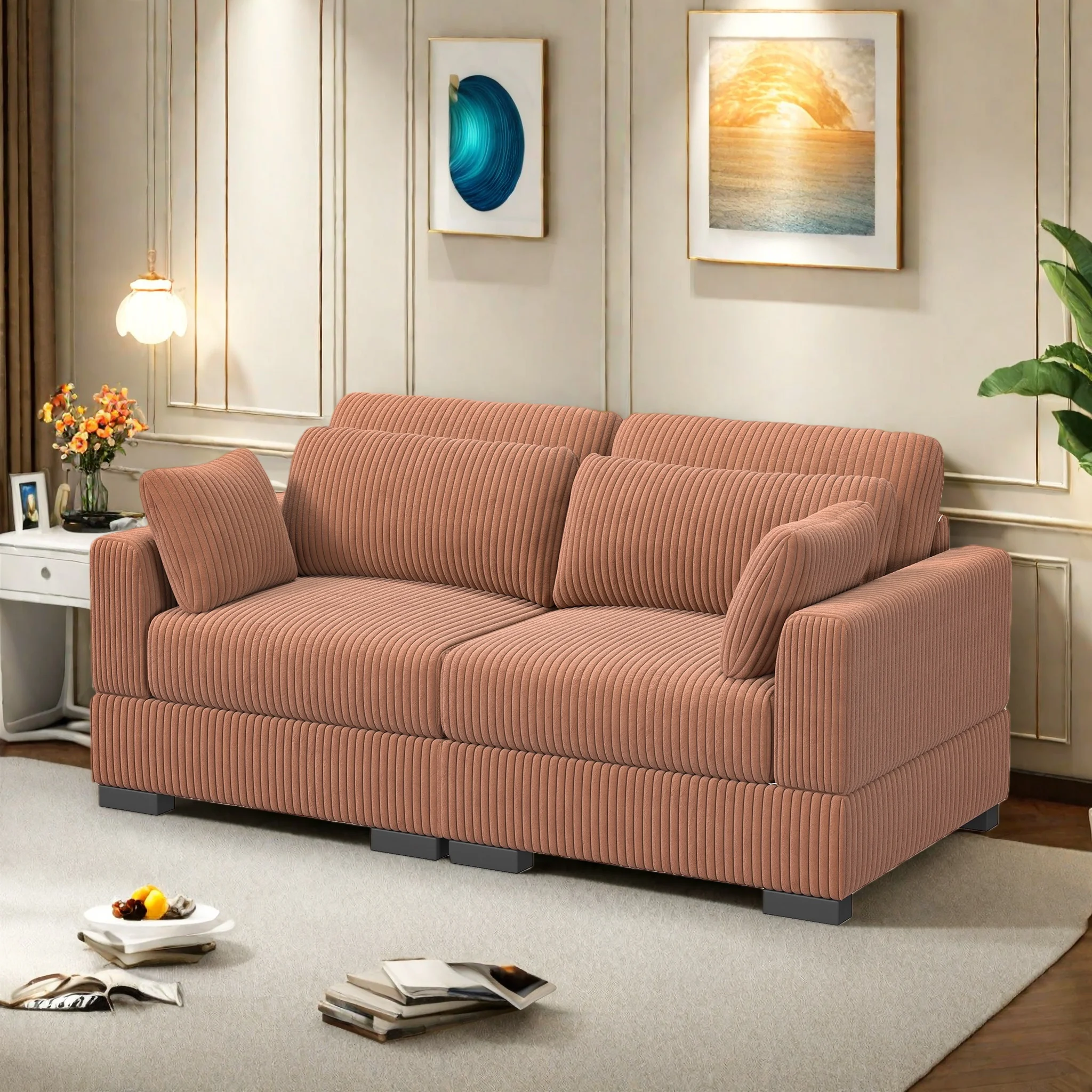 Cord Sofa 2 Sitzer, 88cm Breit Sofas, Bequemes Couch 58CM Extra Tiefe Sitze, Schlafsofa Klein Klappsofa Sofa 2 Sitzer, Big Sofa Couch mit 2 Sessel, für Wohnzimmer & Schlafzimmer, Orange Image