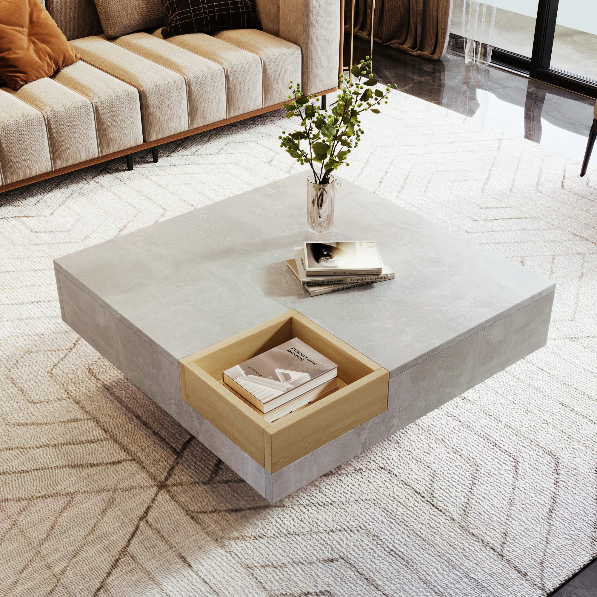 Moderner Beton-Grauer Couchtisch mit Holz-Aufbewahrungsbox, Multifunktionaler Wohnzimmer-Sofatisch