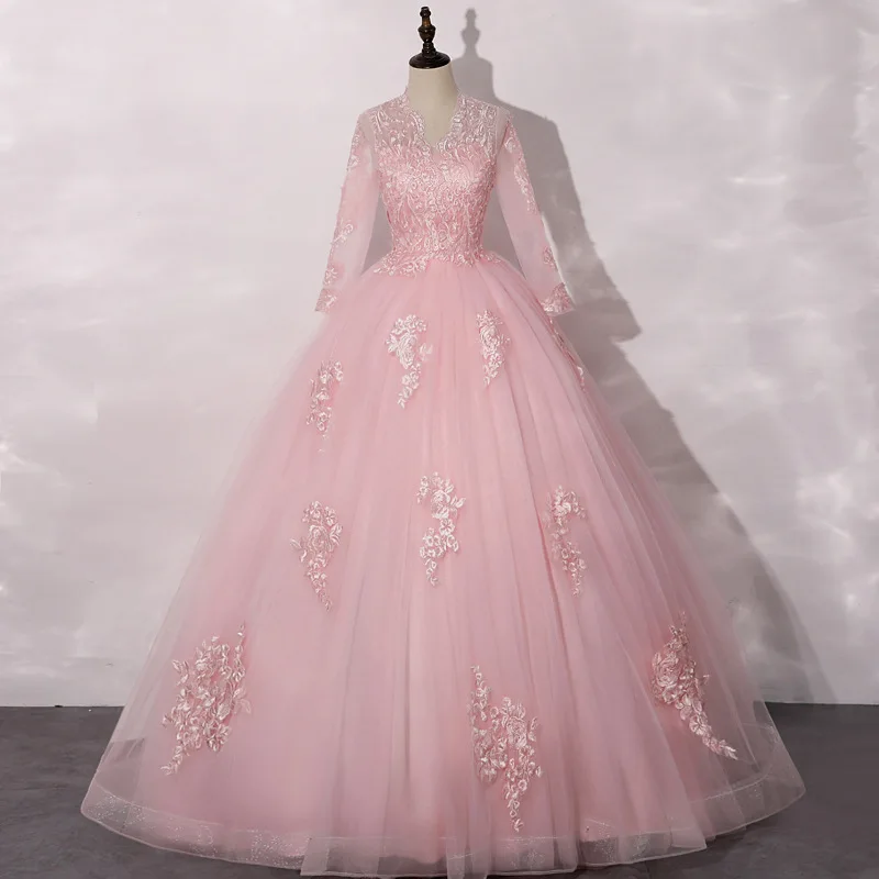 Elegantes Temperament, buntes Hochzeitskleid 2026, neuer Stil, rosa V-Ausschnitt, Spitze, Bühnen-Solo, flauschige Gaze, Performance-Kostüm für Erwachsene