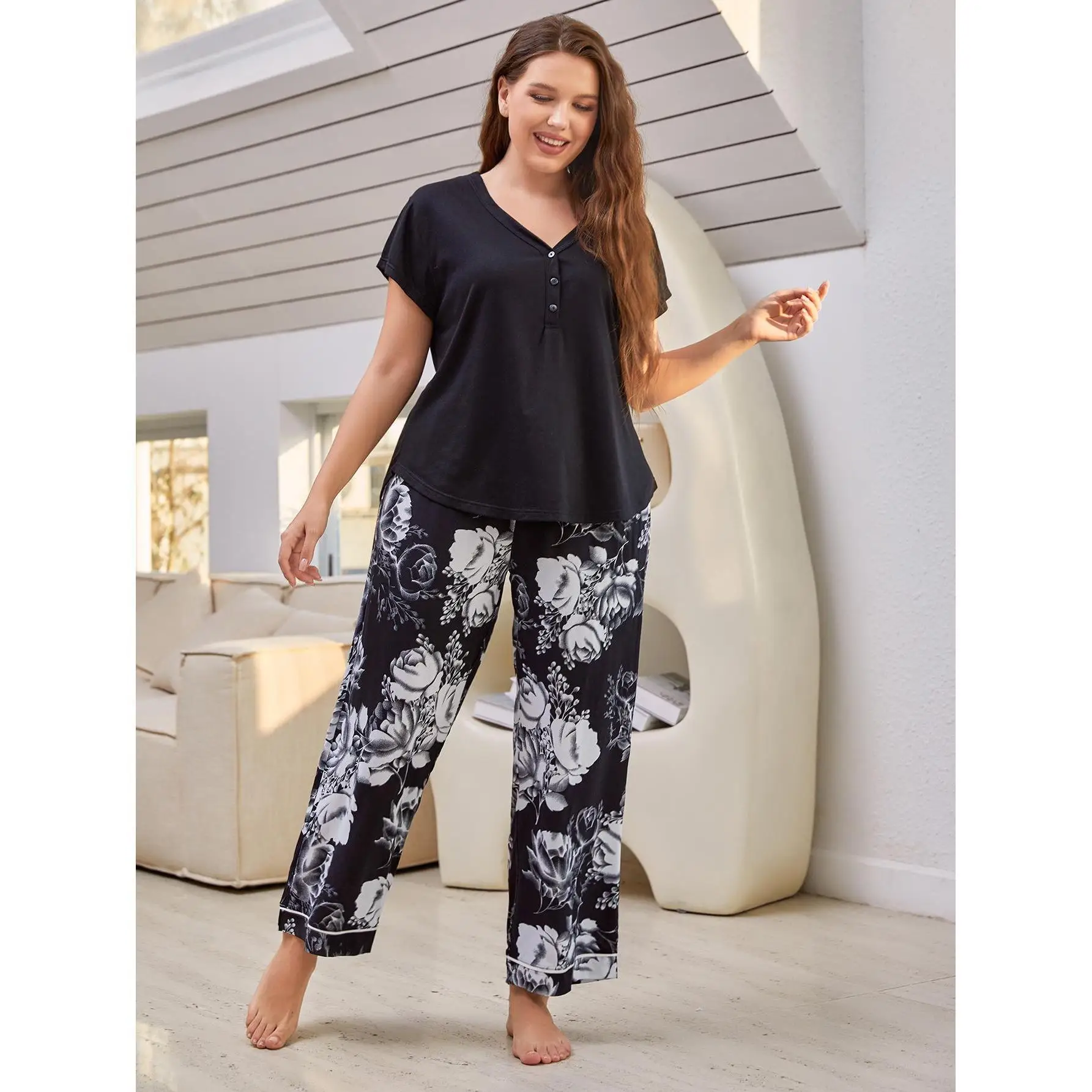 Pyjama ample en coton pour femmes, grande taille, pantalon à manches courtes, pour le printemps et l'été, costume de service à domicile