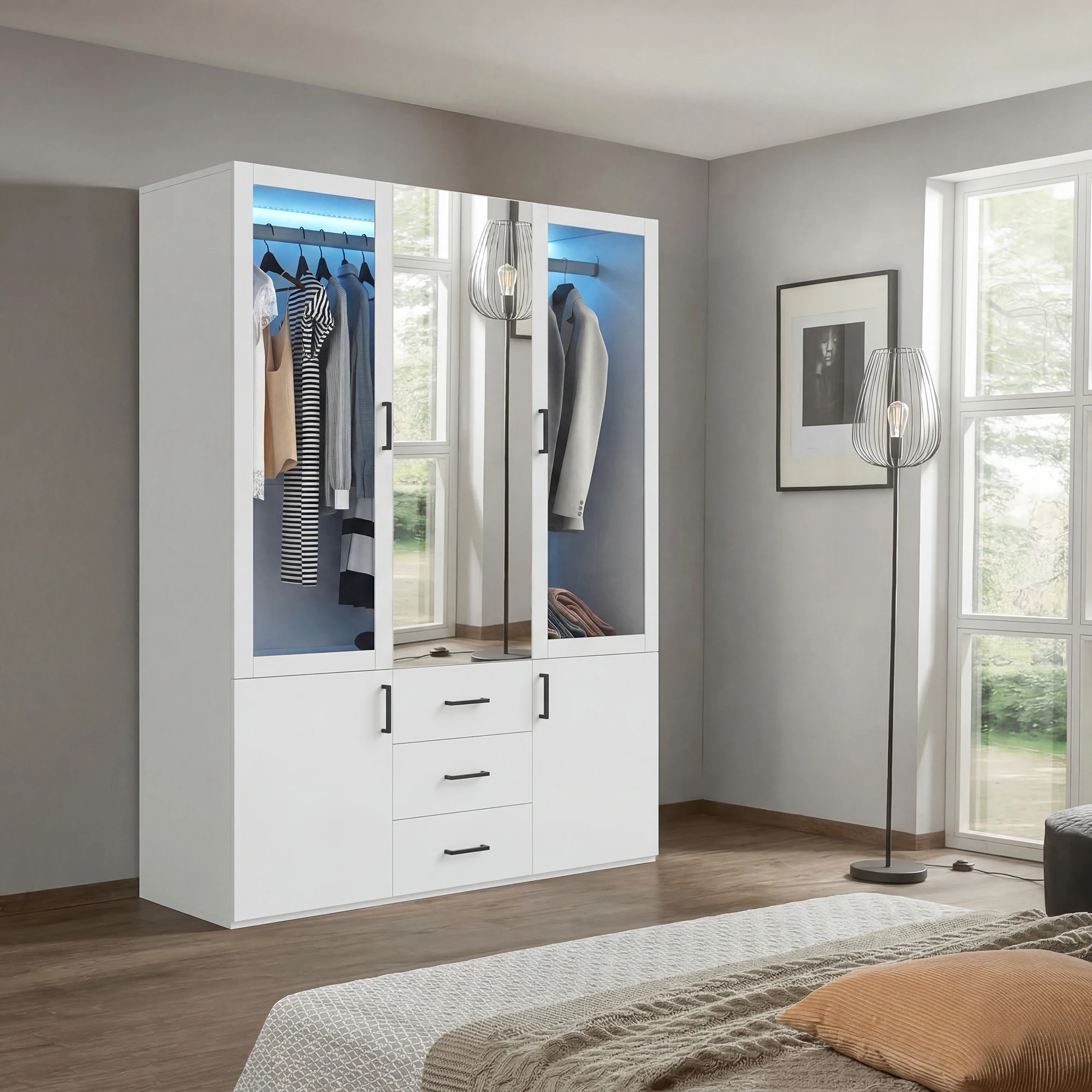 Superaly Moderner 130cm Kleiderschrank mit LED-Beleuchtung, Ganzkörperspiegel, 2 Glastüren & 3 Schubladen, Weißer Holzschrank mit Kleiderstange, Großer Aufbewahrungsschrank für Schlafzimmer, Image