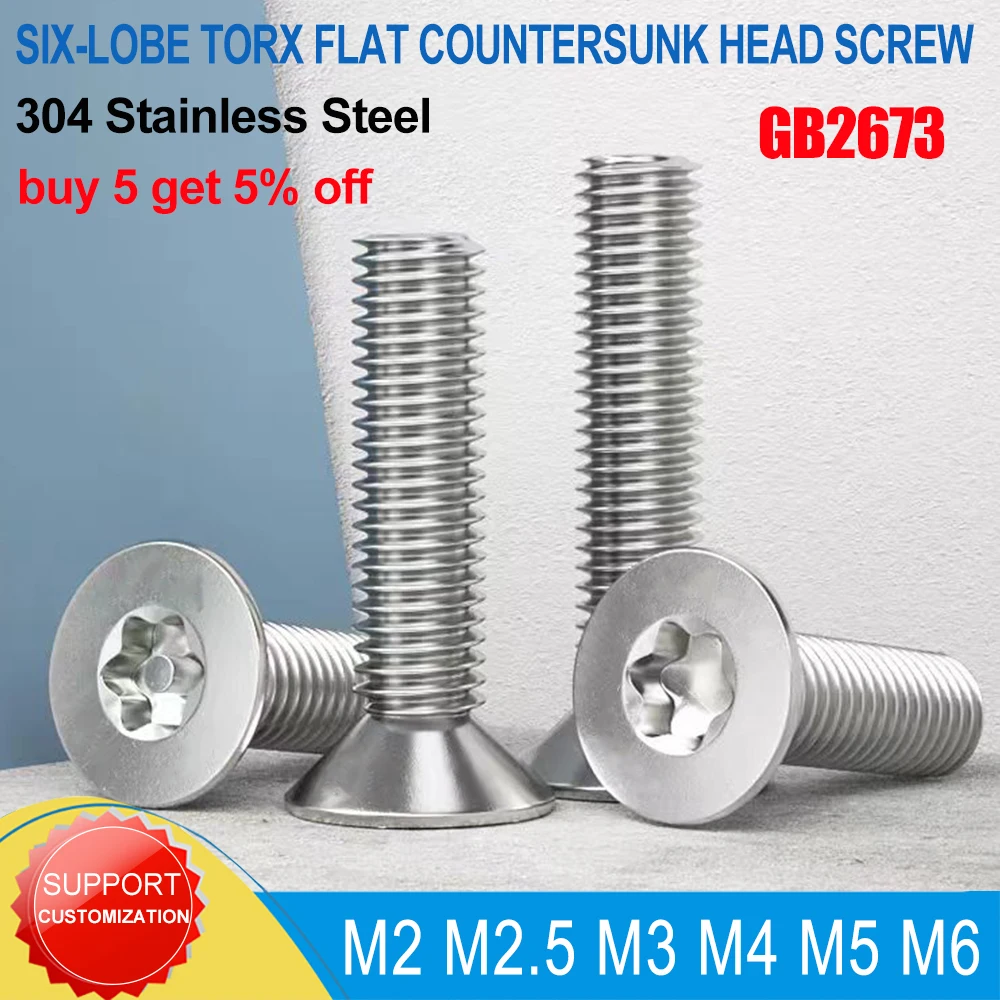 M2 M2,5 M3 M4 M5 M6 GB2673 304 A2-70 Edelstahl Sechslappen-Torx-Flachsenkkopfschraube Maschinensicherheitsbolzen Image