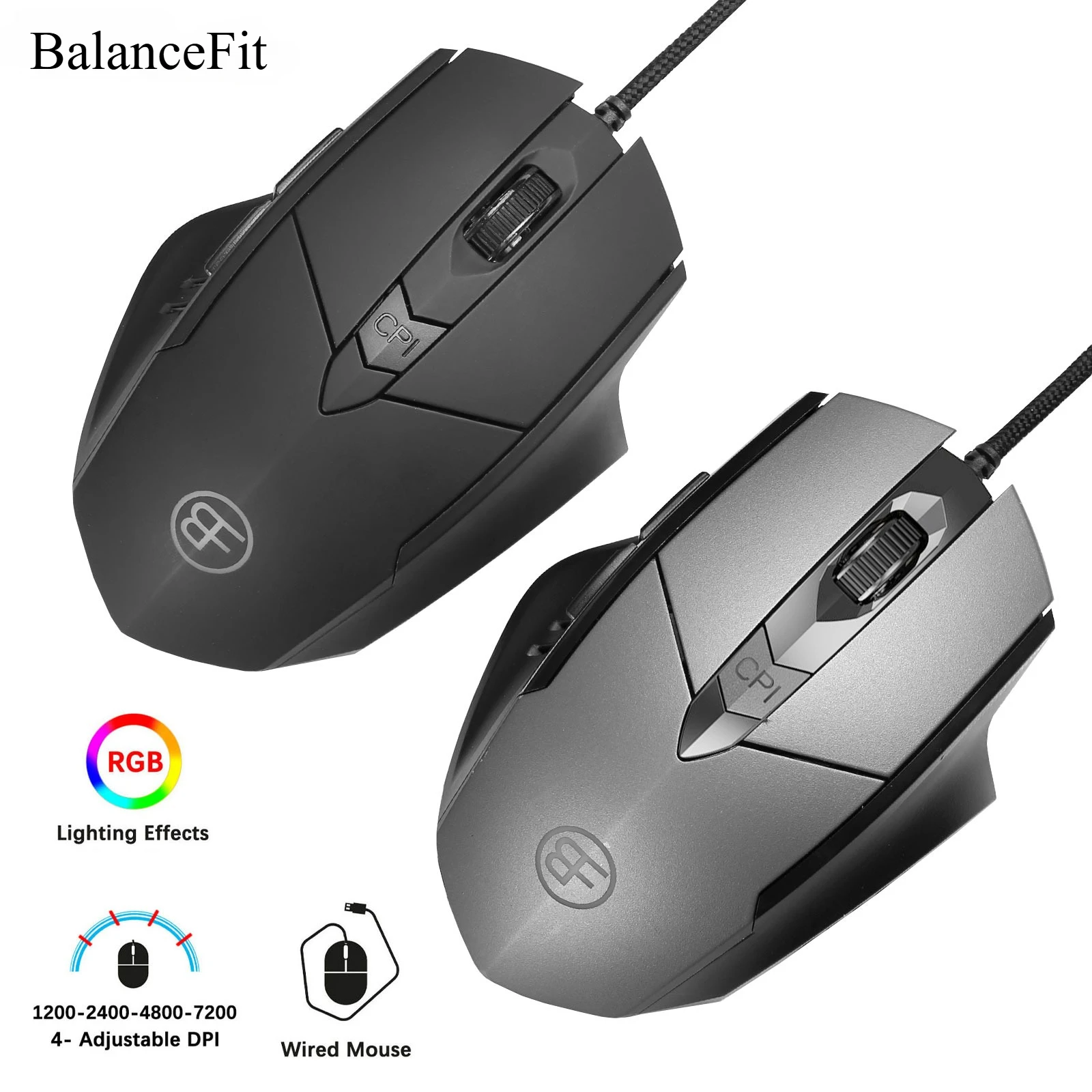 Kabelgebundene Maus, 7200 DPI, ergonomische Gaming-Maus, leistungsstarke Computer-Gaming-Maus mit 6 Tasten, RGB, für Laptop-PC-Desktop Image