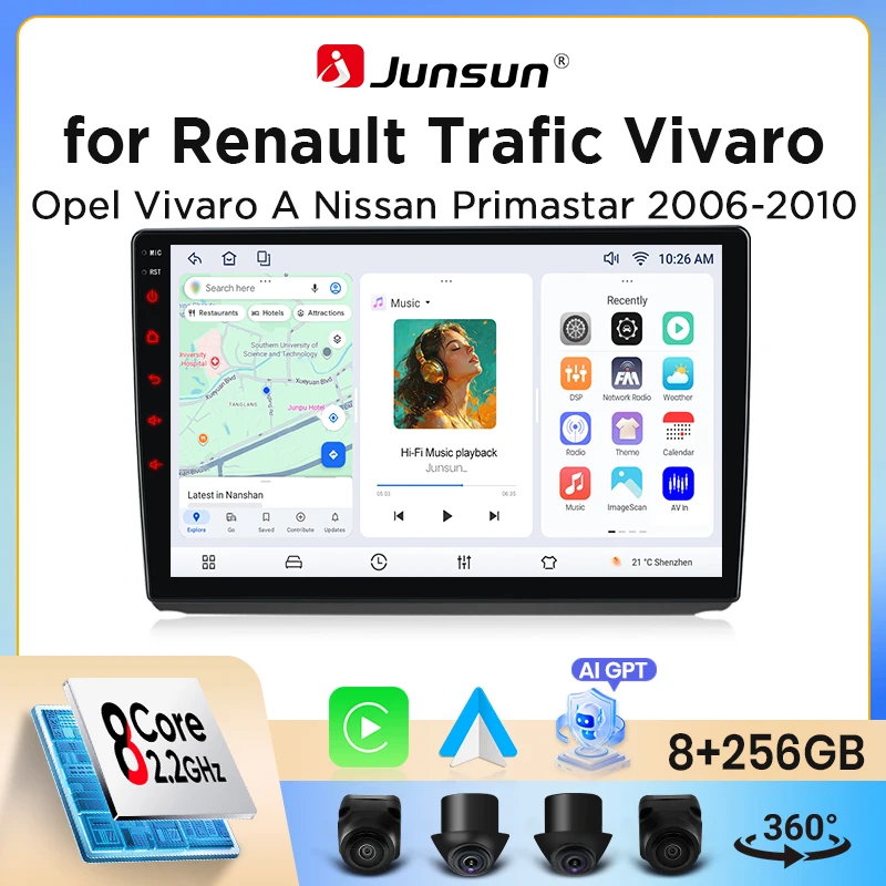 Junsun Wireless CarPlay Android Auto Autoradio für Renault Trafic 2 / Opel Vivaro A / Vauxhall Vivaro / Nissan Primastar (X83) 2006-2014 mit eingebautem Lüfter, Android GPS Navigation, Multimedia-Player, WiFi, DSP, RDS, BT, SWC, IPS Touchscreen,... Image