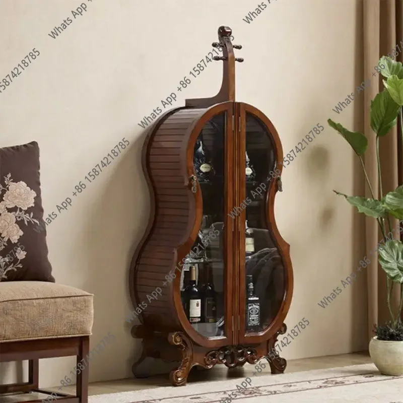 X36 Hochwertiger Kreativer Violinen-Weinschrank aus Massivholz mit Glastür für Wohnzimmer, Vitrine und Dekorativer Aufbewahrungsschrank Image