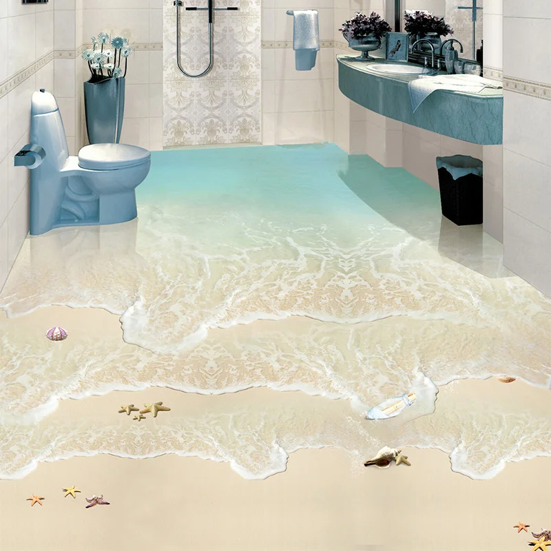 Moderne einfache Strand Meer Foto Tapete 3d Bodenfliesen Wandbilder Aufkleber Badezimmer wasserdichte selbst klebende Vinyl 3d Tapete