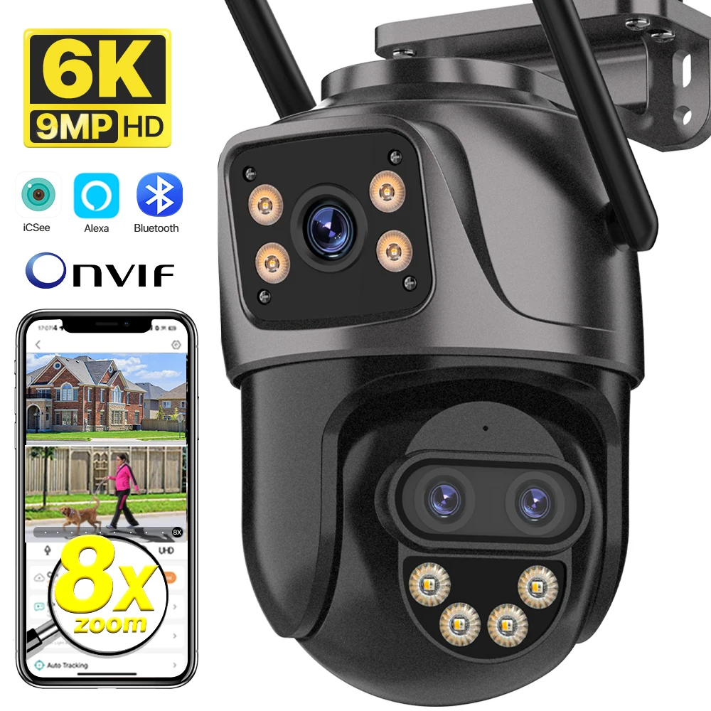 IP-Kamera 6K 9MP HD WiFi Außenkamera 8-fach Zoom Drei Objektiv Dual Screen Home Security PTZ-Kamera 6MP Videoüberwachung iCSee Image
